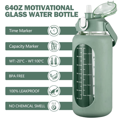 kytffu 64oz Glass Water Bottles with Straw, Half Gallon Motivational Glass Bottle with Silicone Sleeve and Time Marker, 2L Leakproof Large Glass Water Jug for Gym Home Office,olive