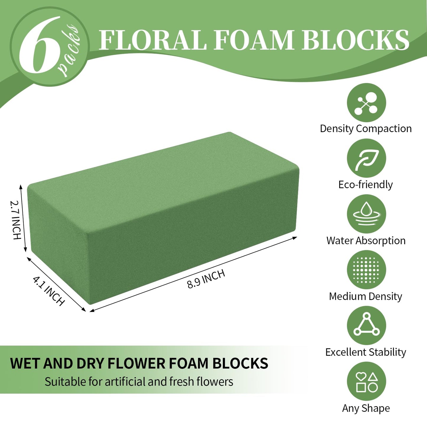Aktor 6 Pcs Floral Foam Blocks for Fresh & Artificial Flower Arrangement, 8.8” x 4.1” x 2.7” Green Wet Foam for Wedding, Birthdays, Home, Office, and Garden Decorations