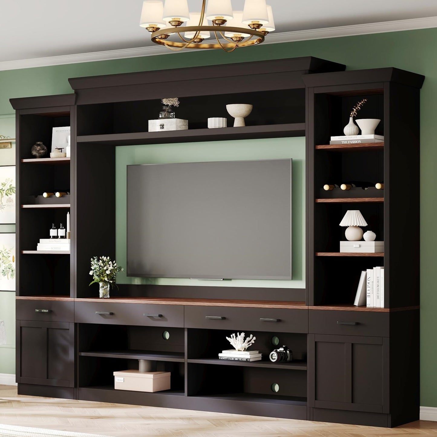 Merax Minimalist Entertainment Wall Unit Set with Ample Storage Space and Adjustable Shelves, TV Stand for Televisions Up to 70'', Mid-Century Large Media Console with Wine Rack for Living Room, Black
