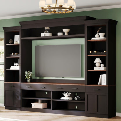 Merax Minimalist Entertainment Wall Unit Set with Ample Storage Space and Adjustable Shelves, TV Stand for Televisions Up to 70'', Mid-Century Large Media Console with Wine Rack for Living Room, Black