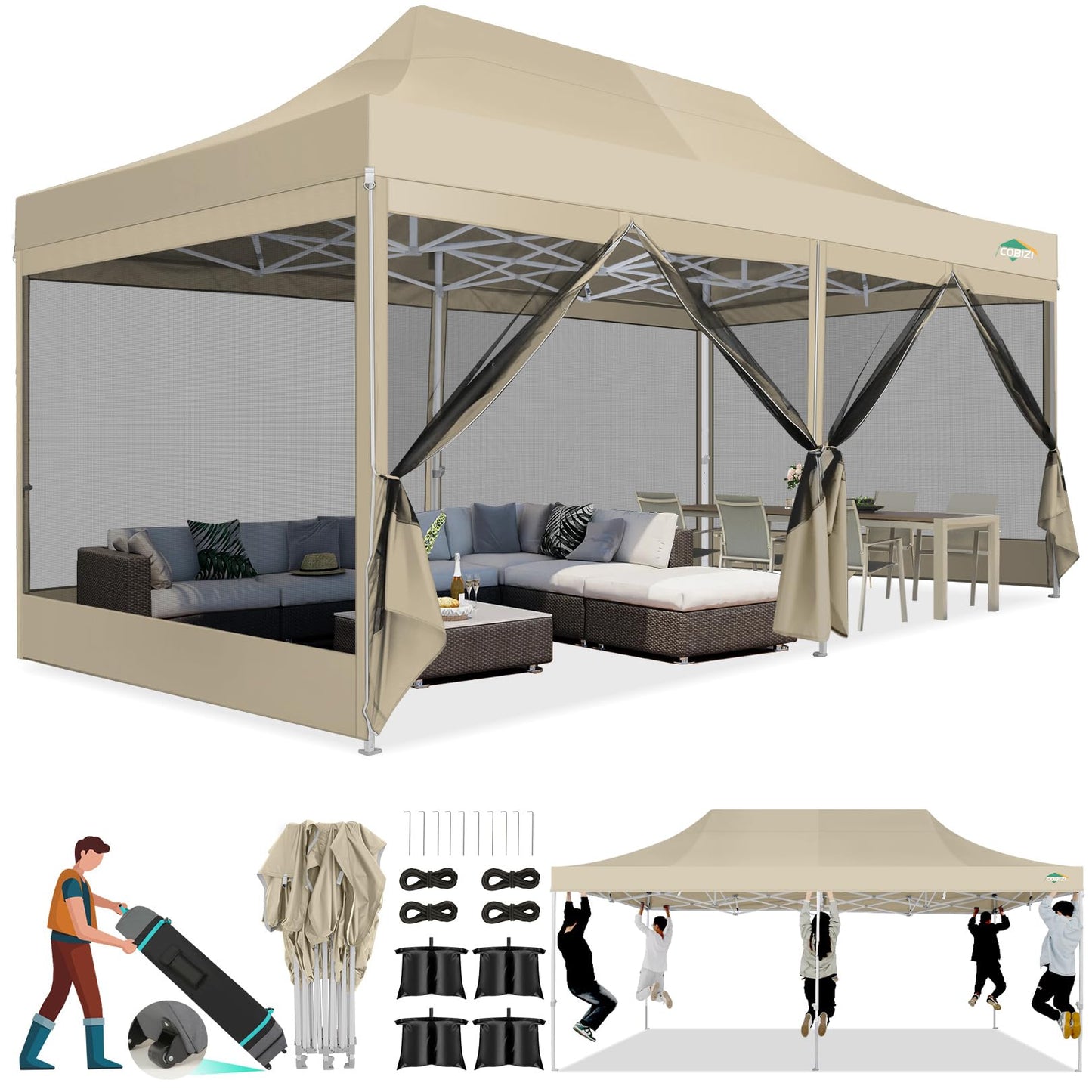 COBIZI 10x20 Canopy Tent, Heavy Duty Pop up Canopy with Sidewalls, Waterproof Easy Setup Canopy with Mosquito Netting, Outdoor Instant Screen Tents for Parties, Wedding with Roller Bag, Khaki