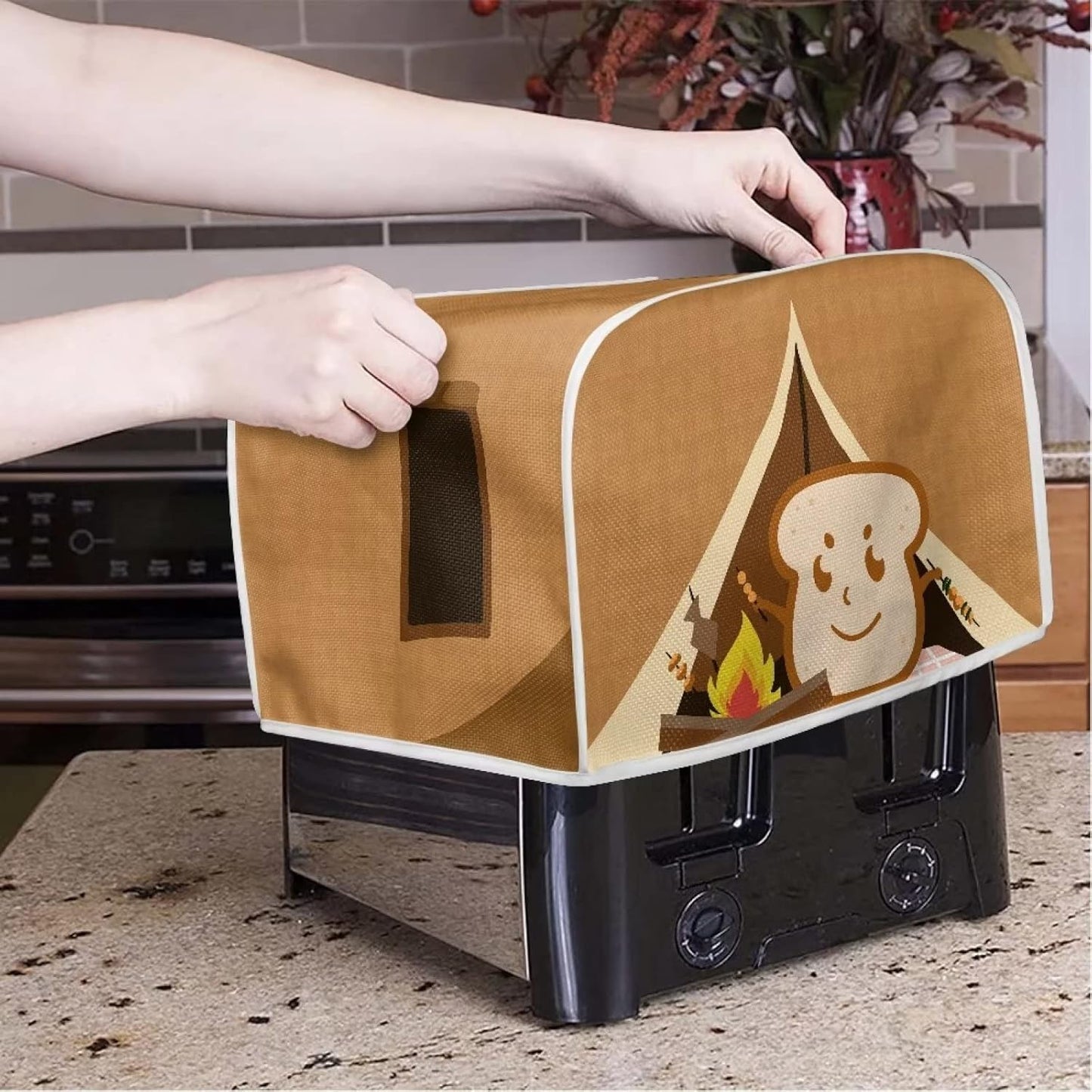 chaqlin Toaster Covers 4 Slice Wide Slot, Brown Cute Toast Print, Machine Washable Bread Maker Cover
