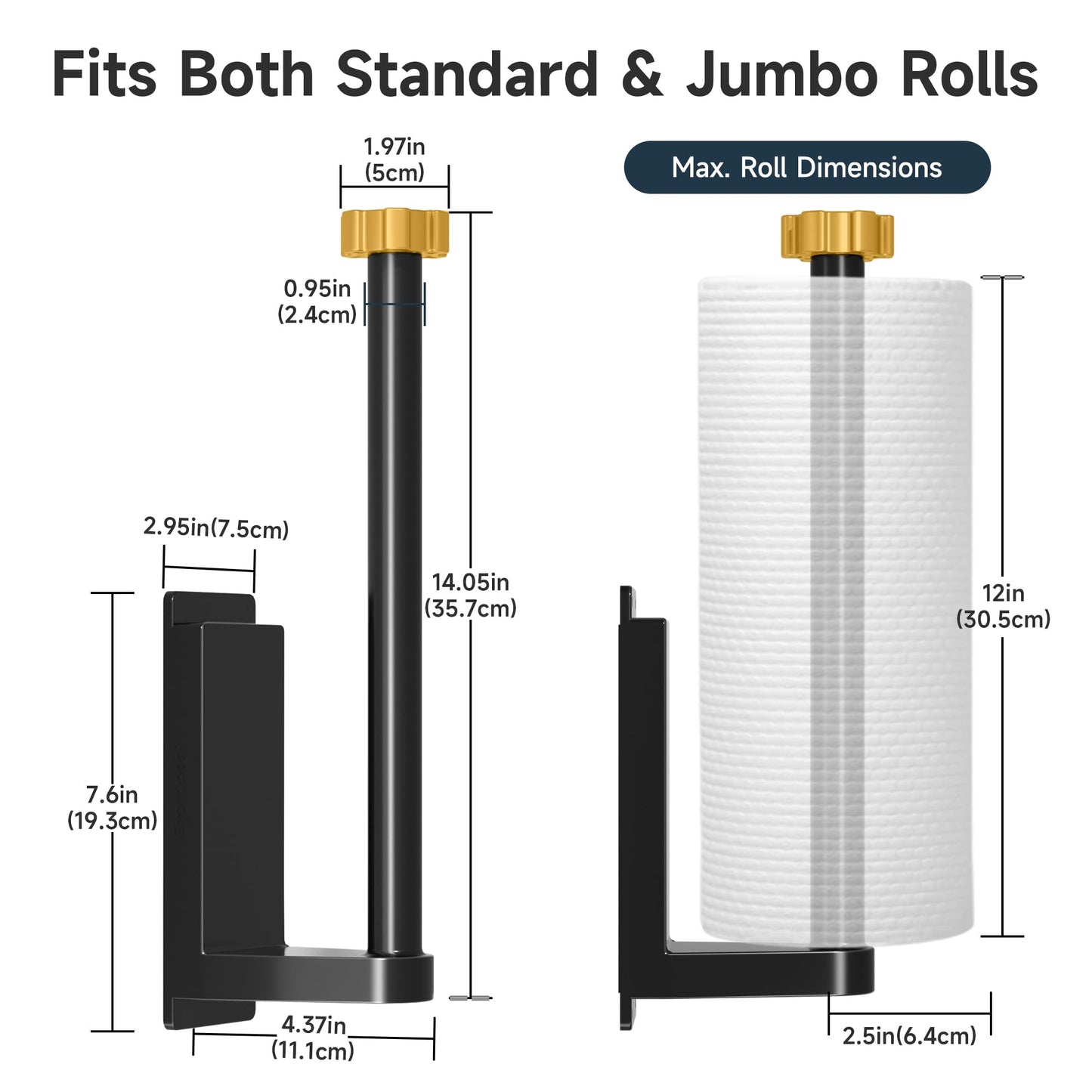 Evemlceol Magnetic Paper Towel Holder for Fridge Strong Magnet Black Kitchen Towel Holders Storage Organizer with Gold Nut for Refrigerator Grill Toolbox