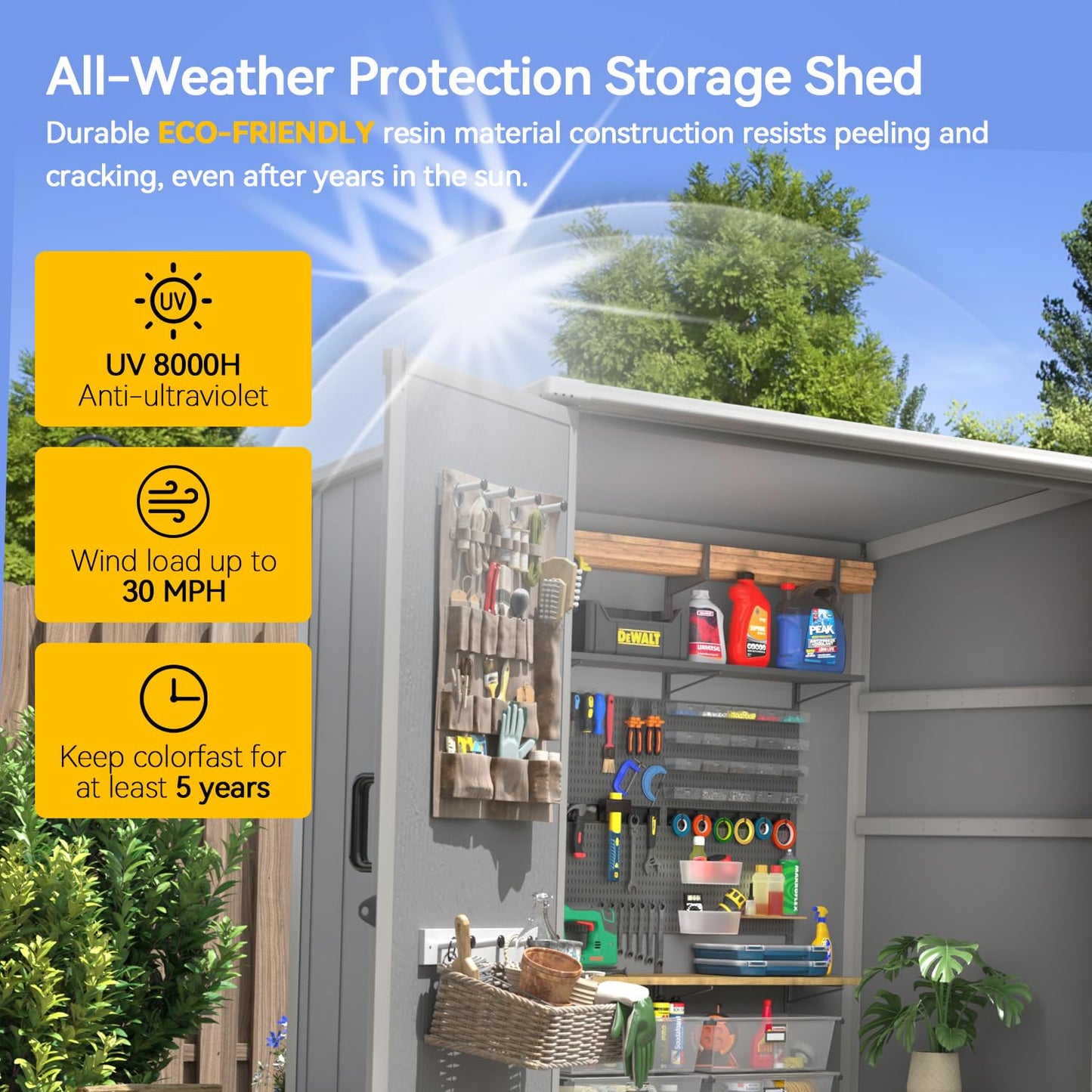 Aoxun 5x3 FT Outdoor Storage Shed, Plastic Garden Resin Shed with Floor for Patio, Lawn, Outdoor Storage Cabinet with Lockable Door for Bike, Tools, Garbage Can, Grey