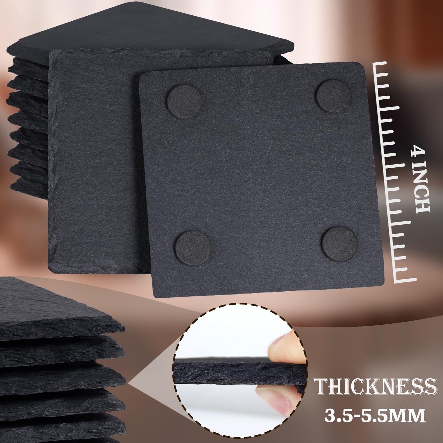 48 Pieces Slate Drink Coasters, GOH DODD 4 Inch Black Coasters Stone Coaster Set, Laser Engraving Blanks with Anti-Scratch Bottom for Home Office Bar Outdoor Housewarming Gifts Wedding Party, Square