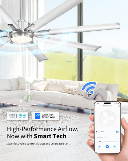 JAZAVA 72 Inch Bruehed Nickel Ceiling Fan With Light,Smart Fan Work With Alexa,Industrial Ceiling Fan With 8 Aluminium Metal Blades,Ideal for Courtyard,Patio and Living Room,CF04BN-72