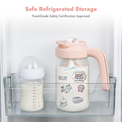 Papablic Glass Formula Pitcher, Fast Baby Breastmilk Maker with Mixing Handle Lid, Wide Mouth Mason Jar Breast Milk Storage Container with Flip-Lock Spout, BPA-Free, Pink