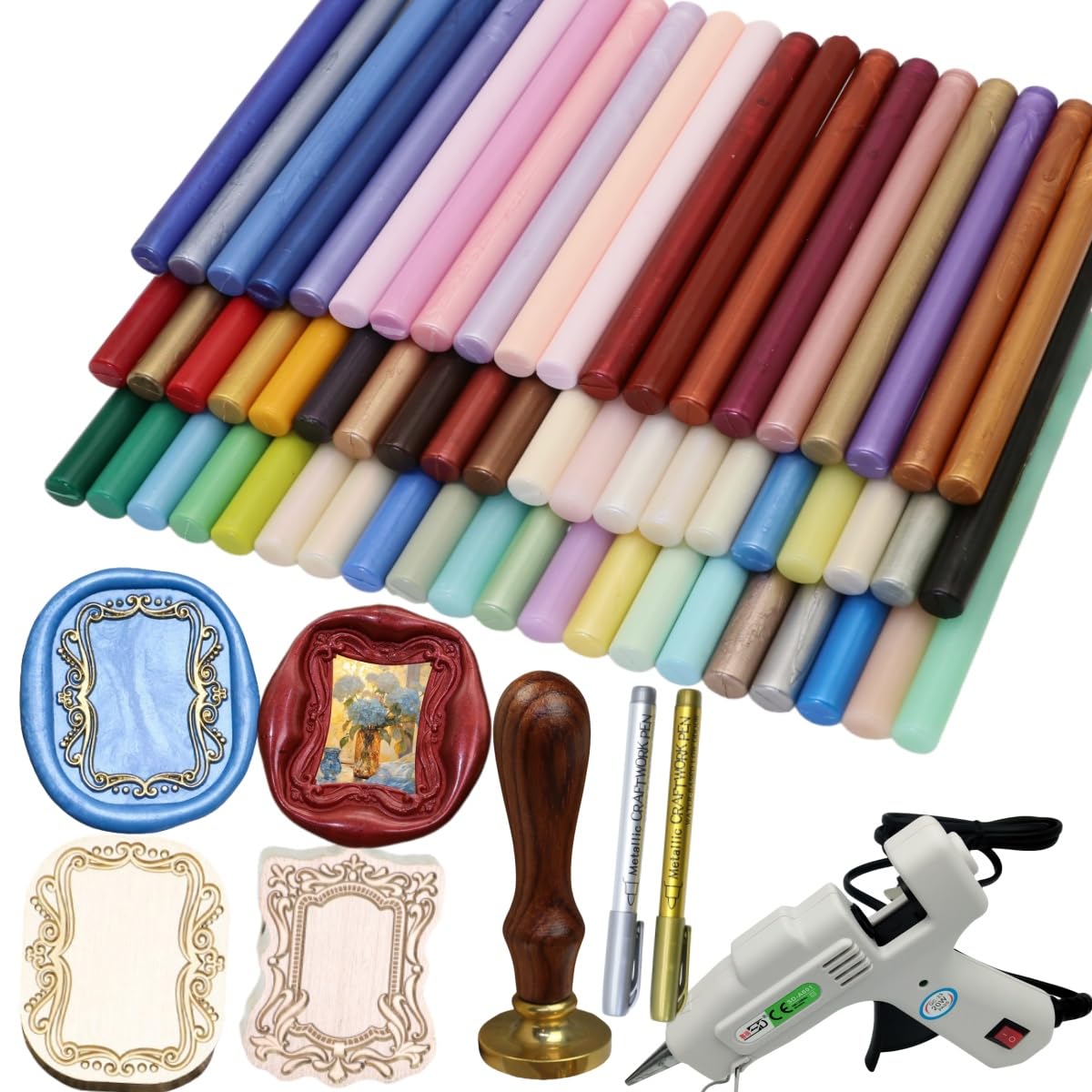 Sealling Wax Sticks Glue Gun Kit, Atopbb 60 Pcs Wax Seal Sticks with 1Pcs Glue Gun 2pcs 3D Frame Seal Stamp, Sealing GlueGun, 2pcs Metallic Pen, Great for Christmas Gift (61)