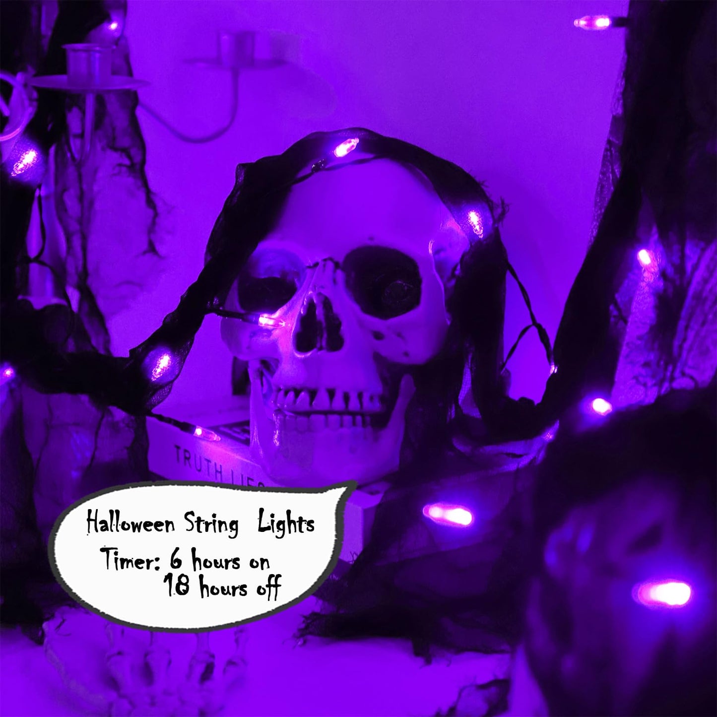 YAOZHOU Halloween Decorations String Lights Purple Indoor 30LED with Black Gauze Timer, 2 Mode Battery Operated 9.9Ft Creepy Cloth Spooky Lights, Gothic Party Room Decor(2Pack)