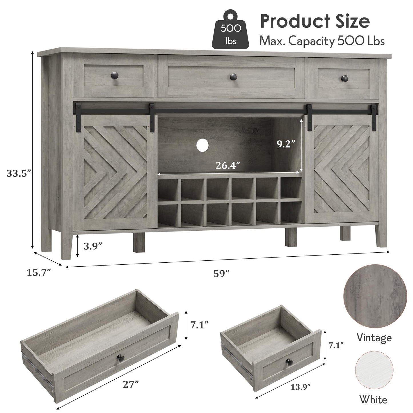 IDEALHOUSE 59'' Farmhouse Buffet Cabinet with Sliding Barn Door, 33.4'' Tall Wood Rustic Sideboard with 3 Drawer, Adjustable Shelf and Removable Wine Rack for Dining Room, Kitchen, Vintage