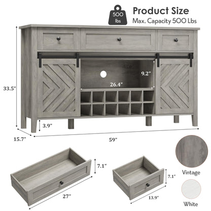 IDEALHOUSE 59'' Farmhouse Buffet Cabinet with Sliding Barn Door, 33.4'' Tall Wood Rustic Sideboard with 3 Drawer, Adjustable Shelf and Removable Wine Rack for Dining Room, Kitchen, Vintage