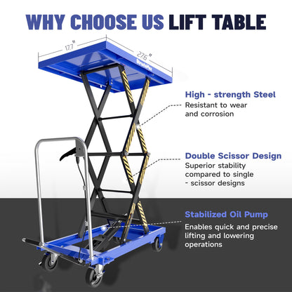 StructoMax Hydraulic Lift Table Cart - 330lbs Capacity, Easy Operation and Swivel Casters with Brakes - Double Scissor Lift for Material Handling and Transportation, Blue