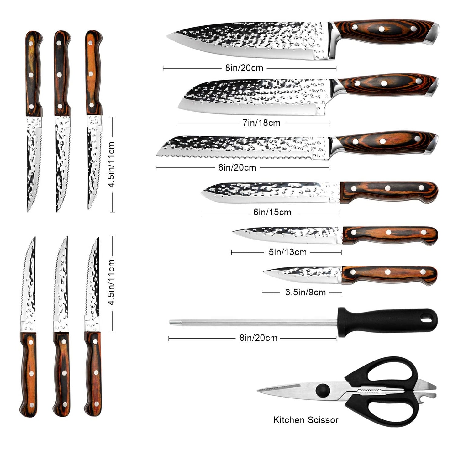 Kitchen Knife Set,15-Piece Knife Set With Block Wooden,Self Sharpening For Chef Knife Set,High Carbon Japan Stainless Steel Hammered Collection Knife Block Set with Steak Knives, Boxed Knife Set