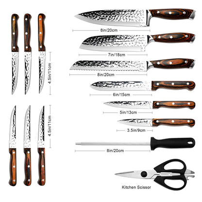 Kitchen Knife Set,15-Piece Knife Set With Block Wooden,Self Sharpening For Chef Knife Set,High Carbon Japan Stainless Steel Hammered Collection Knife Block Set with Steak Knives, Boxed Knife Set