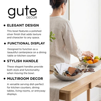 GUTE Decorative Silver Hammered Bowl, Single Piece, 13.78 x 9.45 x 5.51 Inch Stainless Steel Brass Gold Leaf Handle Basket Fruit Holder Organizer Centerpiece Display, Dining Living Room Decor Gift