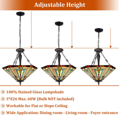 COTOSS Tiffany Pendant Light Fixtures,22" Wide Large Stained Glass Inverted Ceiling Pendant for Dining Room,Antique Style 3 Lights Hanging Lamp for Living Room Lobby Stairway