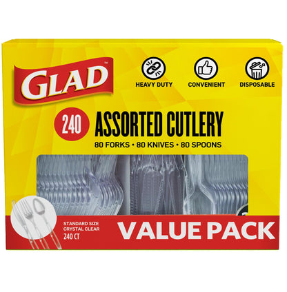 Glad Clear Disposable Cutlery Set with Heavy Duty Plastic Forks, Knives, and Spoons, Reusable Dishwasher Safe Plastic Utensils for Parties and Everyday Use, 240 Count
