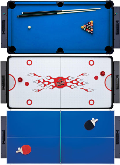 Fat Cat 3-in-1 6 Foot Flip Multi Game Table, Air Hockey Table, Pool Table, and Table Tennis Combo with 110V Motor, Includes Accessories