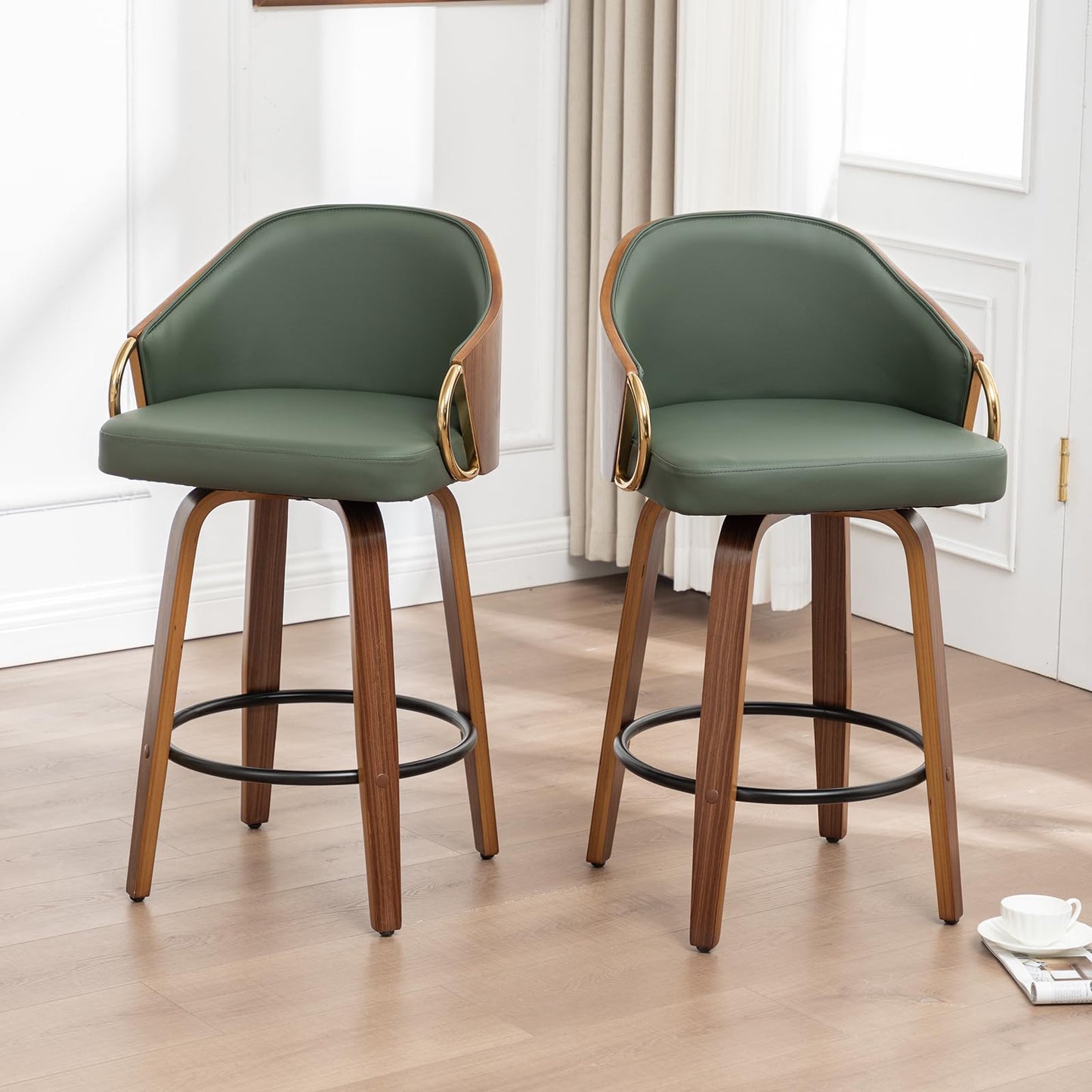 YOUUGIOR 24.8" Swivel Counter Height Bar Stools Set of 3,Green Leather Barstools Mid Century Modern Bar Chairs with Wood Legs and Golden Arms for Kitchen Dining Pub Cafe