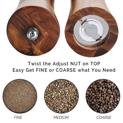 Wooden Salt and Pepper Grinder Set with Tray, 8 Inch Manual Salt & Pepper Shakers with Adjustable Coarseness, Salt and Pepper Mills