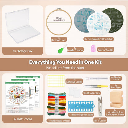 CLRDIVA Embroidery Starter Kit for Beginners: Easy DIY Needlepoint Set with Phone Stand for Step-by-Step Video Tutorials - Stress Free to Learn 29 Basic Stitches - Relaxing Crafts for Adults
