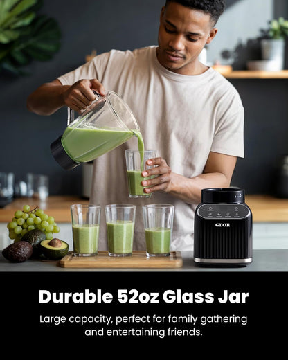 GDOR Professional Blender for Kitchen, 1200 Peak Watts Smoothie Blender, 5 Functions for Ice Crushing & Frozen Fruit, 52 Oz Glass Jar & 24 Oz To-Go Cup Combo, Self-Cleaning, Black
