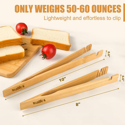 Walfos Bamboo Toaster Tongs - Wood Tongs for Cooking, Ideal for Toaster, Fruits, Bread & Pickles, Set of 2 (8" & 10")
