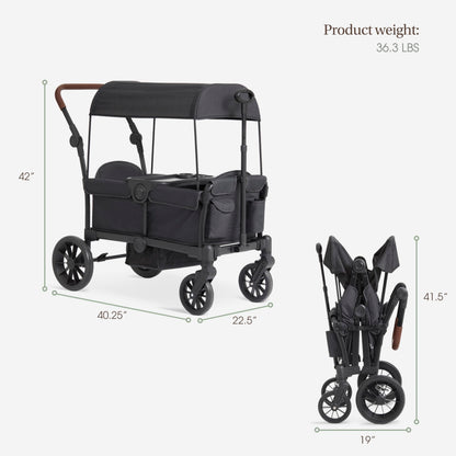Evolur Trailblazer Wagon Double Stroller in Black, Foldable Infant and Toddler Stroller Wagon, 5-Point Harness, Removable Canopy, All-Terrain Wheels, Spacious Storage for 2 Kids