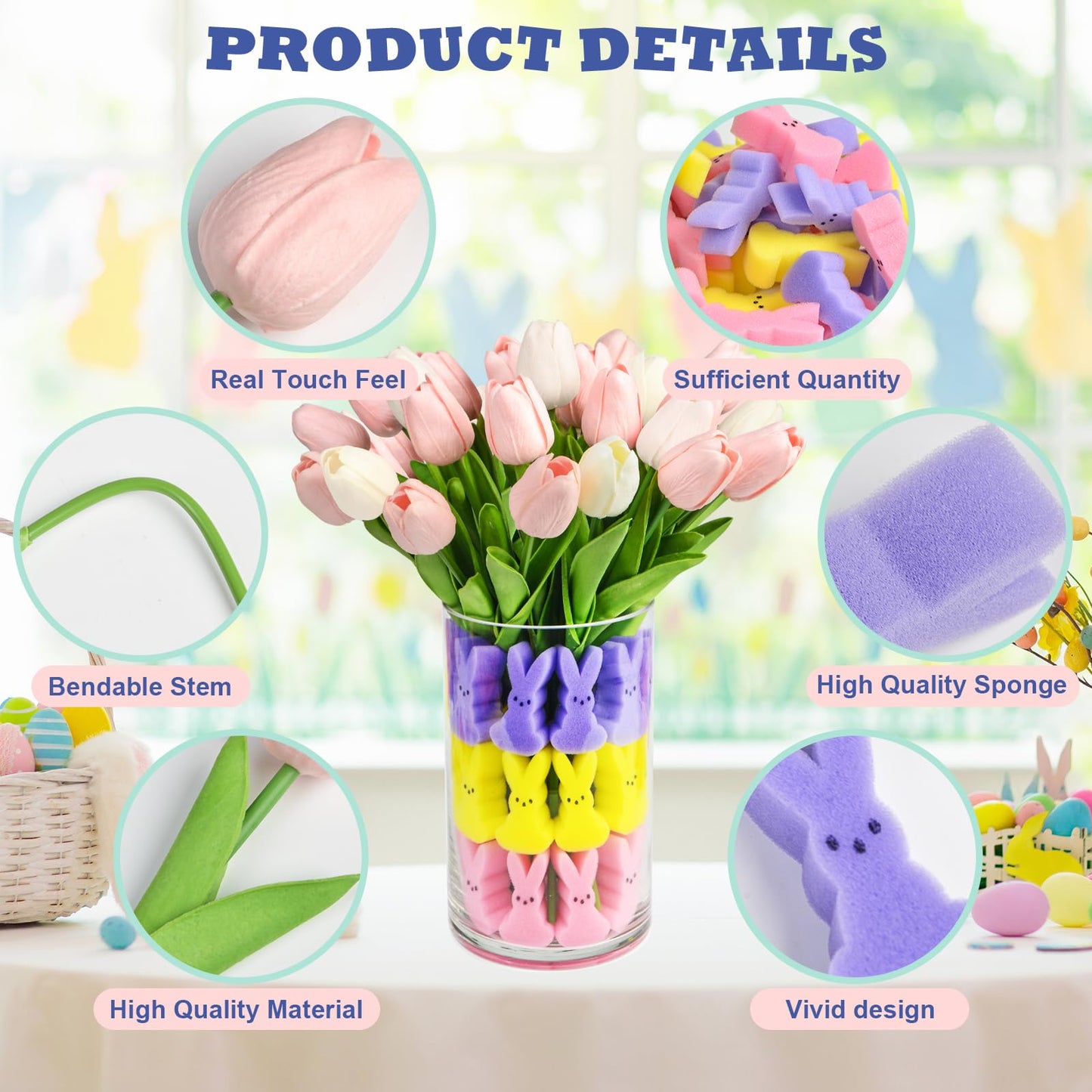 letesult Easter Bunny Vase Filler Decorations, 16 PCS Tulips Artificial Flowers & 45 PCS Bunnies Vase Filler Kit, Easter Spring Rabbit Flowers Vase Filler for Table Centerpiece Spring Home Decoration