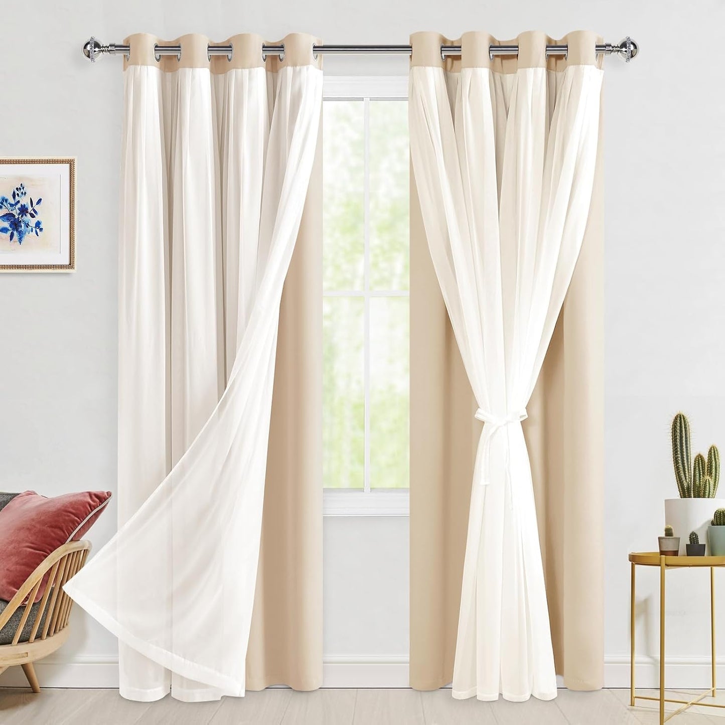 2 52W 84L Hiasan Blackout Curtains with Sheer Overlay, Thermal Insulated Mix & Match Double Layer Room Darkening