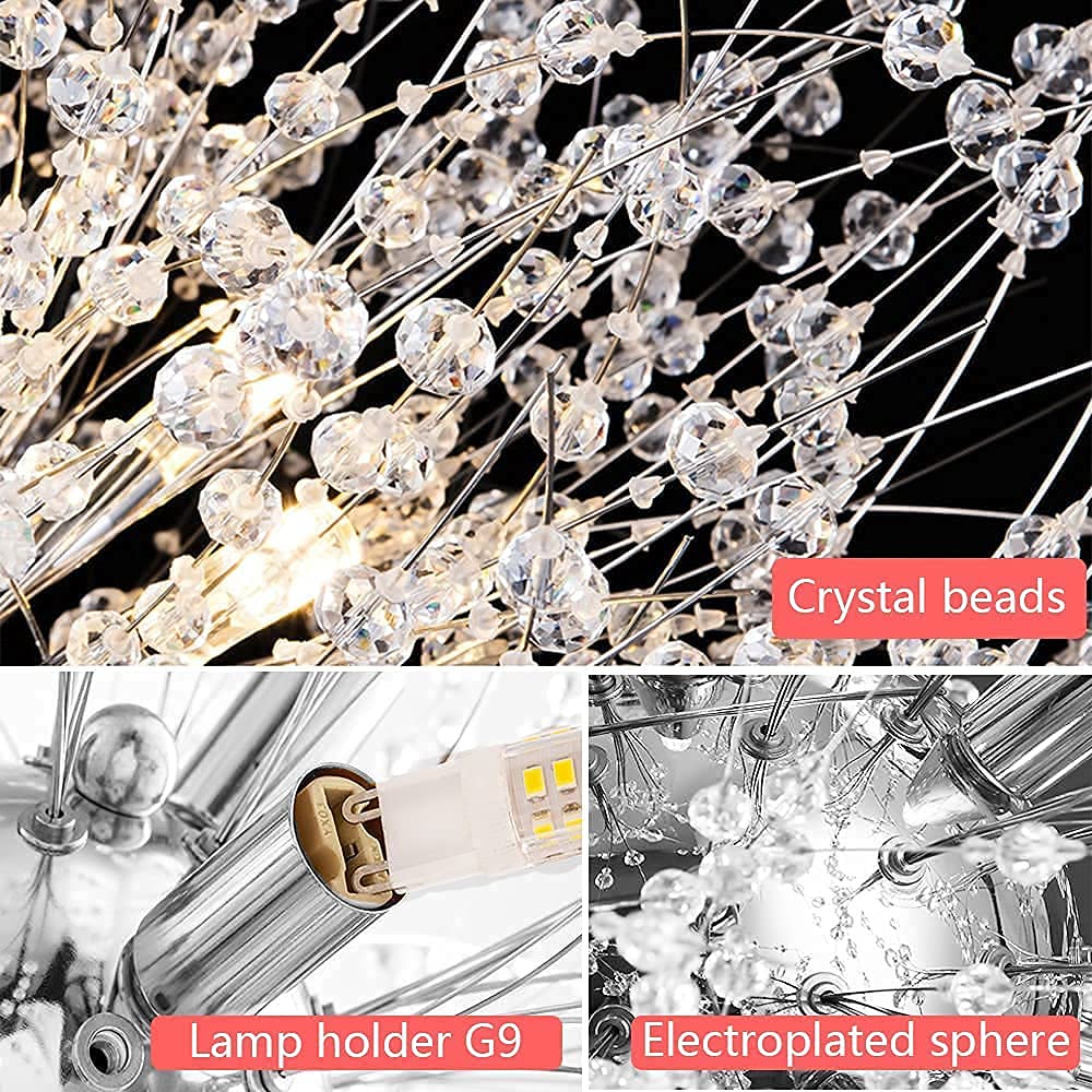 Yiisem Dandelion Crystal Chandeliers, 16-Light Chrome Modern Round Firework Pendant Lighting, Hanging Chandelier Light Fixtures for Dining Room Bedroom Living Room Kitchen Aisle Girls Room