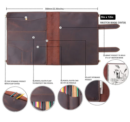 Robrasim Handmade Leather Sketchbook Cover, Artist Sketch Pad Holder for 9"X12" Sketchbook, Drawing Book and Pencil Case, Journal Notebook Portfolio with Shoulder Strap, Artist Gifts, Coffee