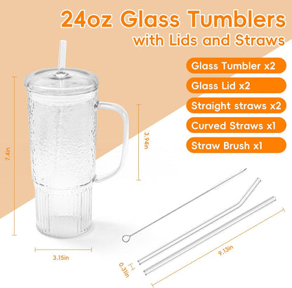 24oz 2 Pack GOSCHE Glass Cups with Lids and Straws, Clear Iced Coffee Cups with Handle, Glass Tumbler with Straw