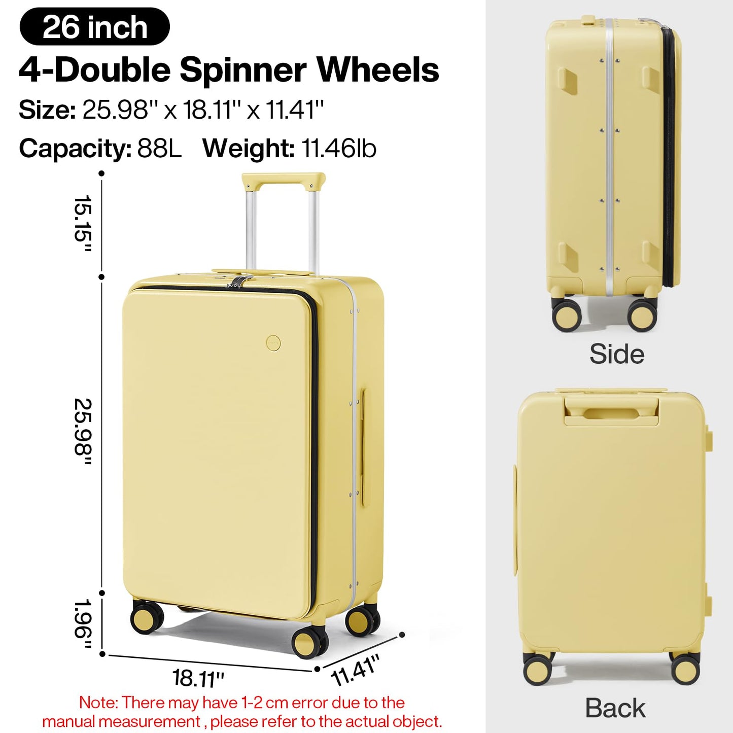 mixi 26 Inch Large Checked Luggage PC Hard Shell Suitcase Top Opening Aluminum Frame Travel Suitcases with Wheels, Lark Yellow