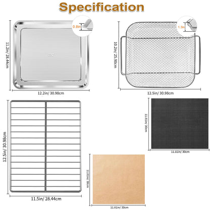 5-Piece Air Fryer Accessories Set for Emeril Lagasse 26QT, Includes Baking Pan, Air Fryer Basket, Rack, 2 Non-Stick Mats & 100 Parchment Papers, Stainless Steel Bakeware Set