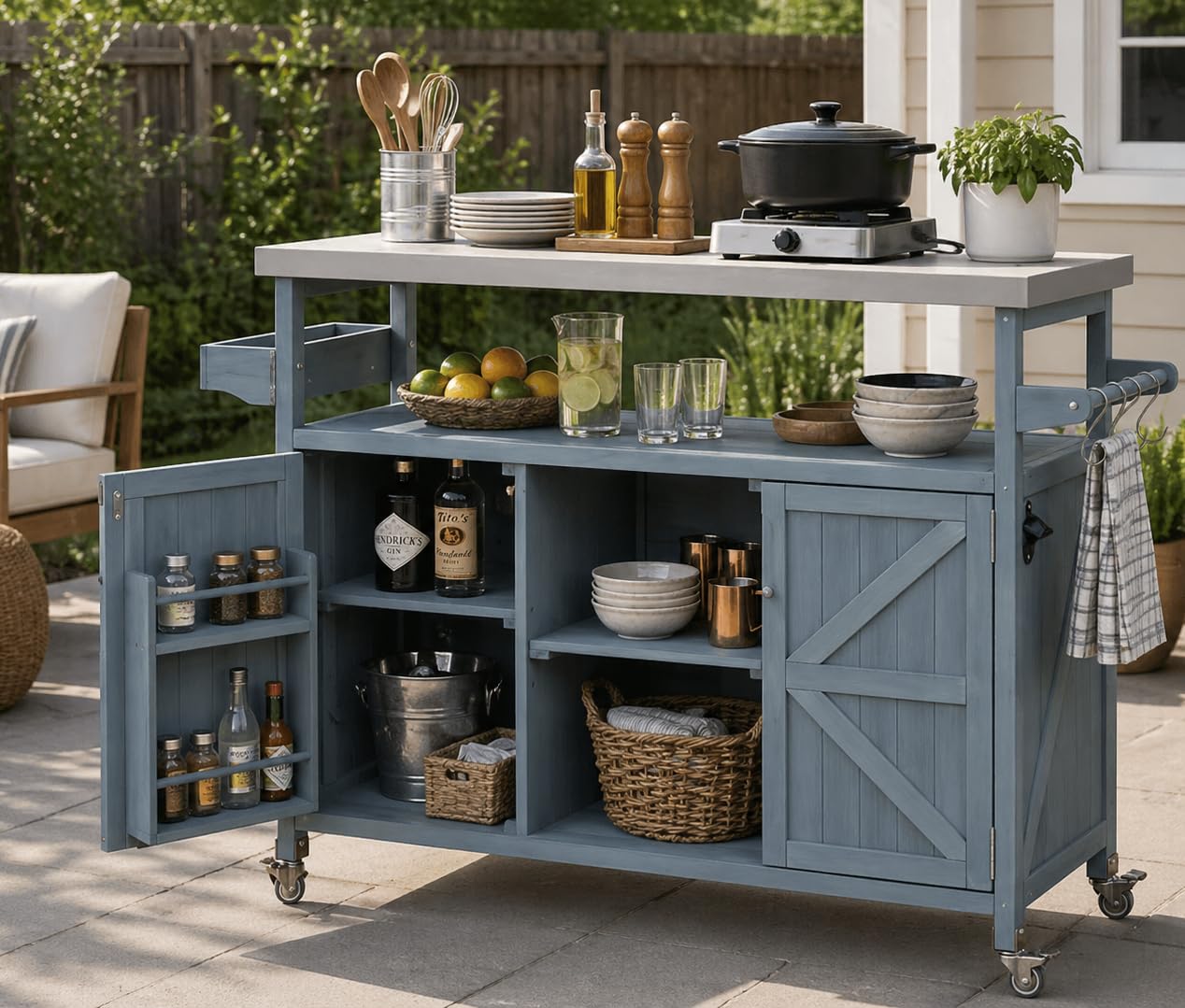 50" Outdoor Kitchen Island Grill Cart with 201 Stainless Steel Top, Solid Fir Wood, Modular Design, Internal Storage & Adjustable Shelves, 4 Lockable Wheels, 400LBS Capacity for Patio BBQ, Blue