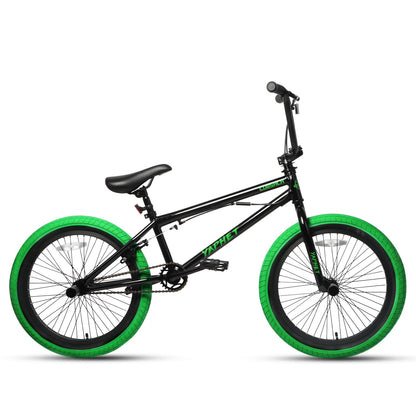 cubsala Freestyle BMX Bike, 20 Inch Yaphet Bicycle for Teen Beginner Adult Riders, Bike with 360° Rotating Handlebar and 4 pegs, Black with Green Tires