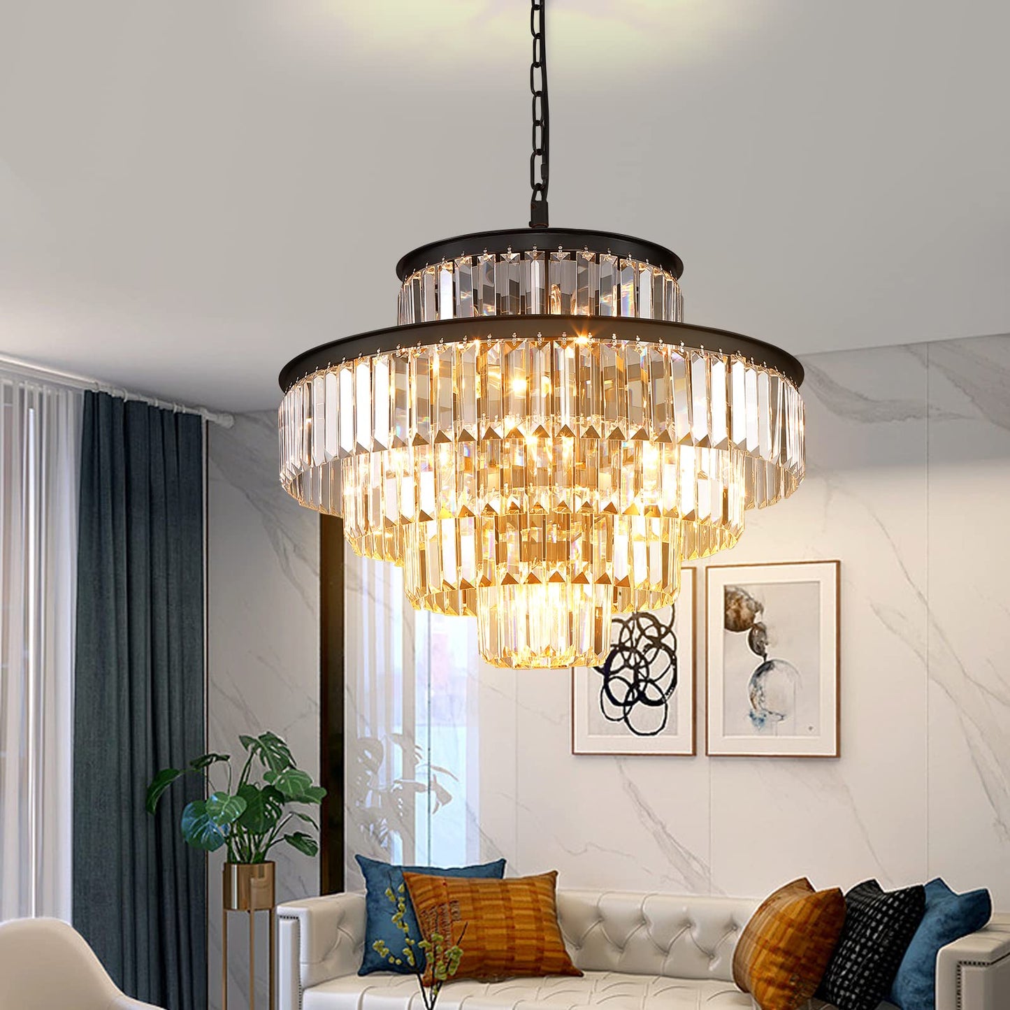 Lt-vt Black Modern Style Crystal Chandeliers & LightsRound Hanging Classic, Pendant Ceiling Chandelier Lighting Fixture 5-Tier for Dining Room Living Room(24 inch,Black)