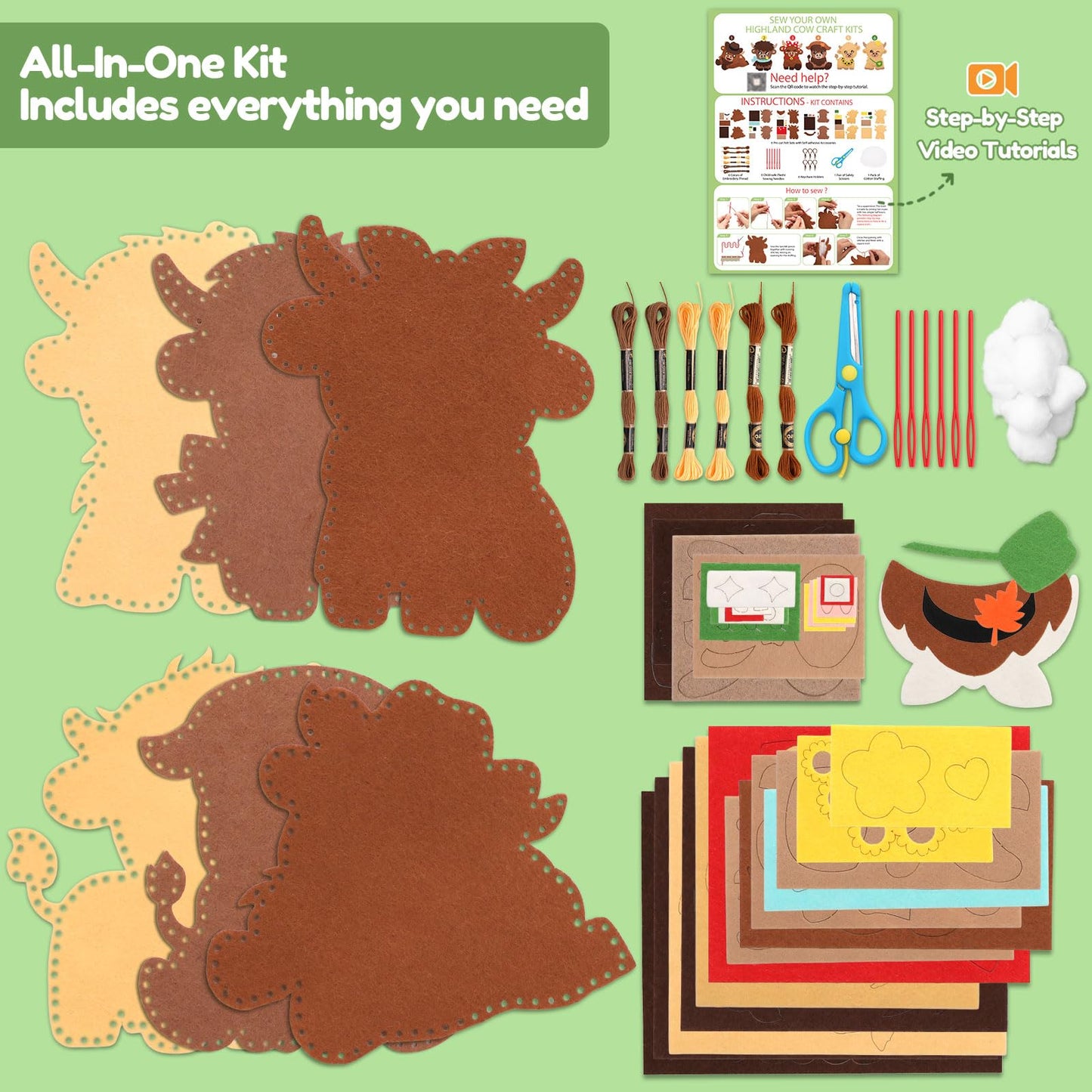 CiyvoLyeen Highland Cow Sewing Kit for Kids - Age 5 6 7 8 9 10 11 12, Beginners First Sewing Arts & Crafts with 6 PCS Stuffed Animal, All-in-One Kit, Learn to Sew Gifts Stuff for Girls Boys, Felt