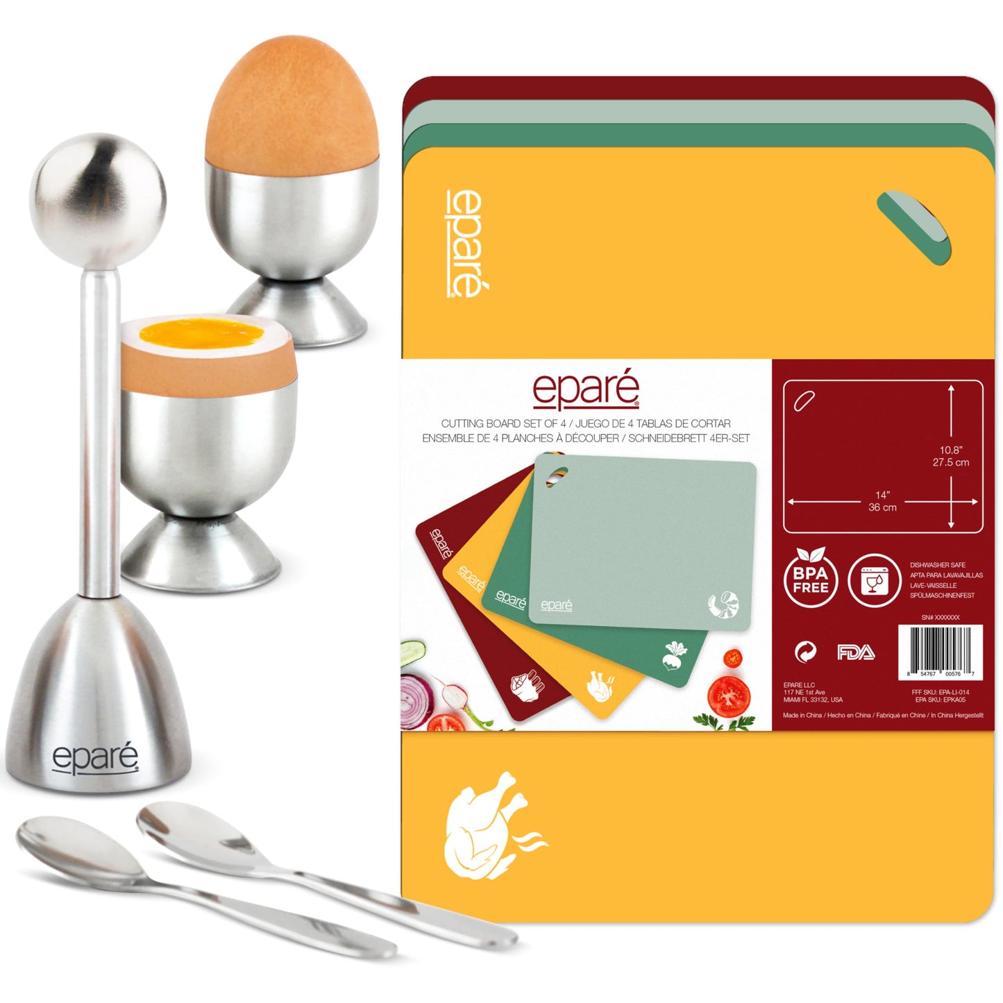 Eparé Bundle: Steel Egg Cracker Topper Set & Plastic Cutting Board Mat Set - Complete Soft Boiled Egg Tool Set & Large Flexible Chopping Boards