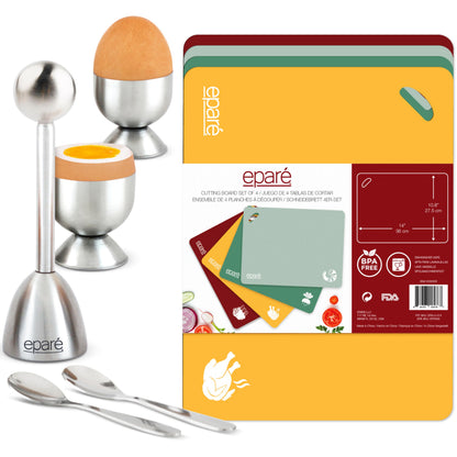 Eparé Bundle: Steel Egg Cracker Topper Set & Plastic Cutting Board Mat Set - Complete Soft Boiled Egg Tool Set & Large Flexible Chopping Boards