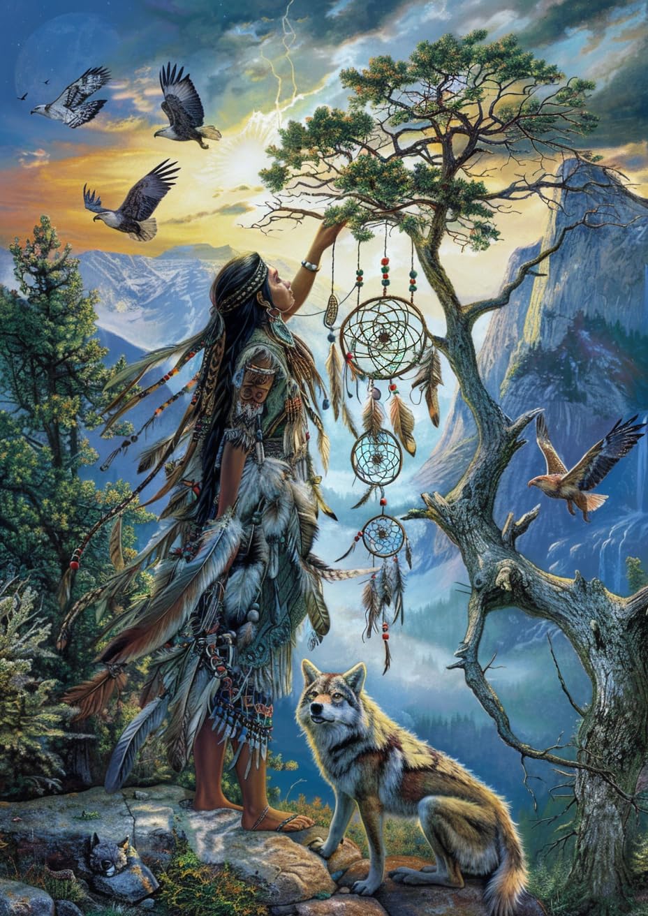 Native Indian Woman Dream Catch Tree Wolf DIY 5D Diamond Paint Kits for Adults Easy for Beginner Round Full Drill Diamond Art Painting Mosaic Craft for Home Decor 12x16inch(4)