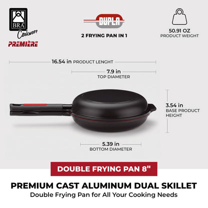 BRA COOKWARE Premiere Dual Skillet | 8 inches Double Frying Pan for Frittatas & Spanish Omelets | PFOA Free Triple Nonstick Coating | Full Induction Reversible Pan | Cast Aluminum Flip Skillet