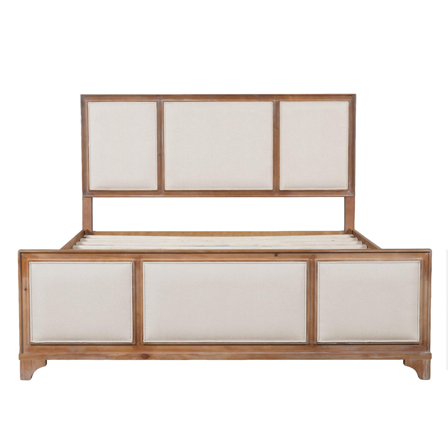 Queen Size Wooden Bed Frame with Upholstered Headboard, Natural Wood & Beige Fabric, Solid Wood Platform, Modern Farmhouse Style
