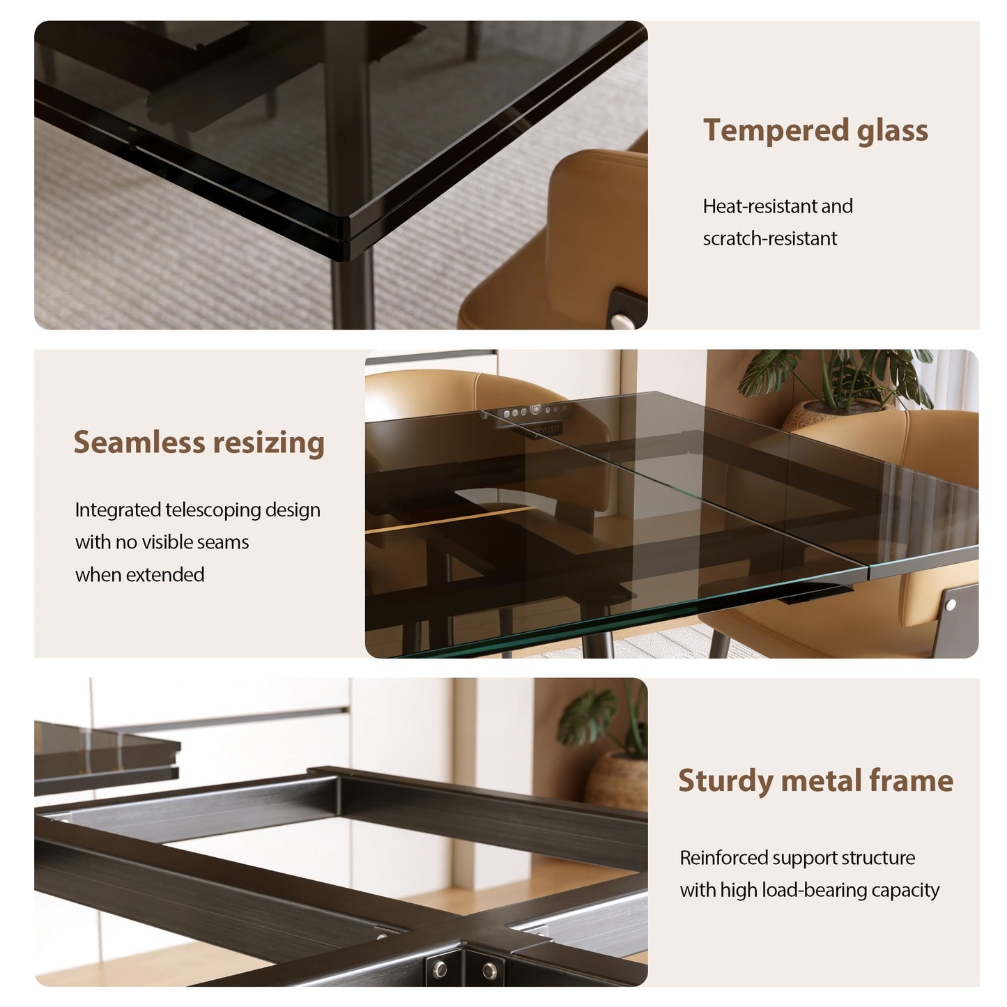 NessCarsti 62.99-94.48" Extendable Dark Tempered Glass Dining Table, Scratch-Resistant Glass Top & Metal Frame, Seats 8-10, Modern Minimalist Dining Furniture for Family & Entertaining