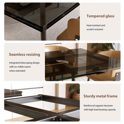 NessCarsti 62.99-94.48" Extendable Dark Tempered Glass Dining Table, Scratch-Resistant Glass Top & Metal Frame, Seats 8-10, Modern Minimalist Dining Furniture for Family & Entertaining