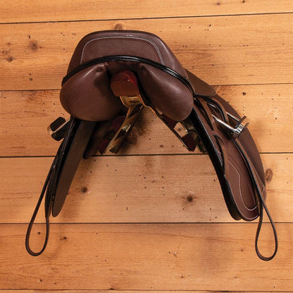 EASY-UP Berlin Brass English & Dressage Saddle Rack | Horse Tack Room Addition | Solid Brass Framing | Lacquered Wood Grain Overlay | Wall Mounted | 11-3/4" Wide x 8-1/2" Tall x 20.5" Long