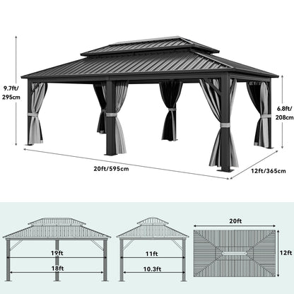 YITAHOME 12X20FT Hard Top Metal Gazebo Patios Double Roof Canopy Aluminum Frame Garden Gzebo Tent Curtains Netting for Patios Backyards Decks Lawns
