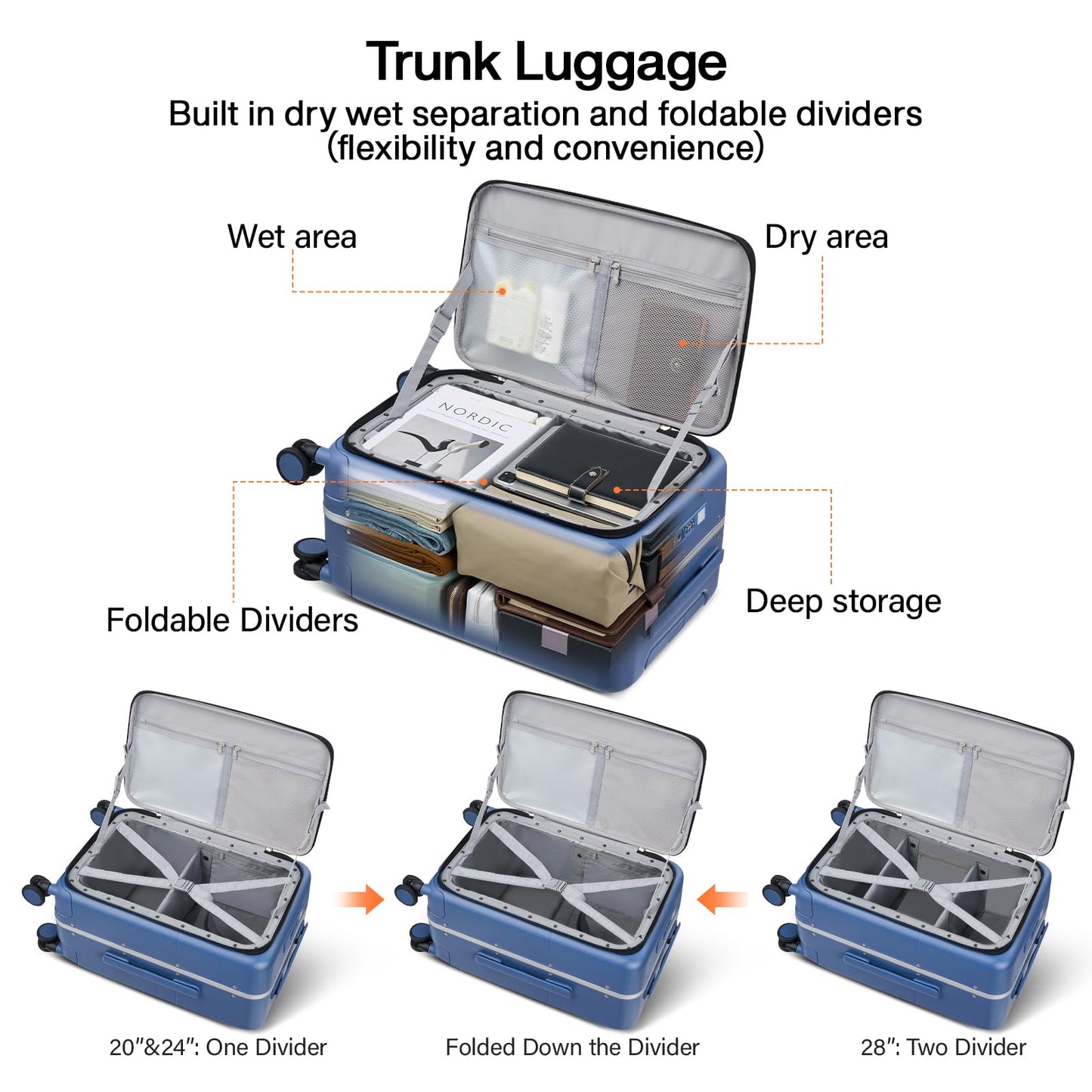 Hanke 24 Inch Checked Luggage with Cup Holder and USB Ports,Top Opening Hard Shell Suitcase with Wheels,Aluminum Frame Trunk Luggage with Foldable Dividers & TSA Lock for Travel, Interstellar Blue