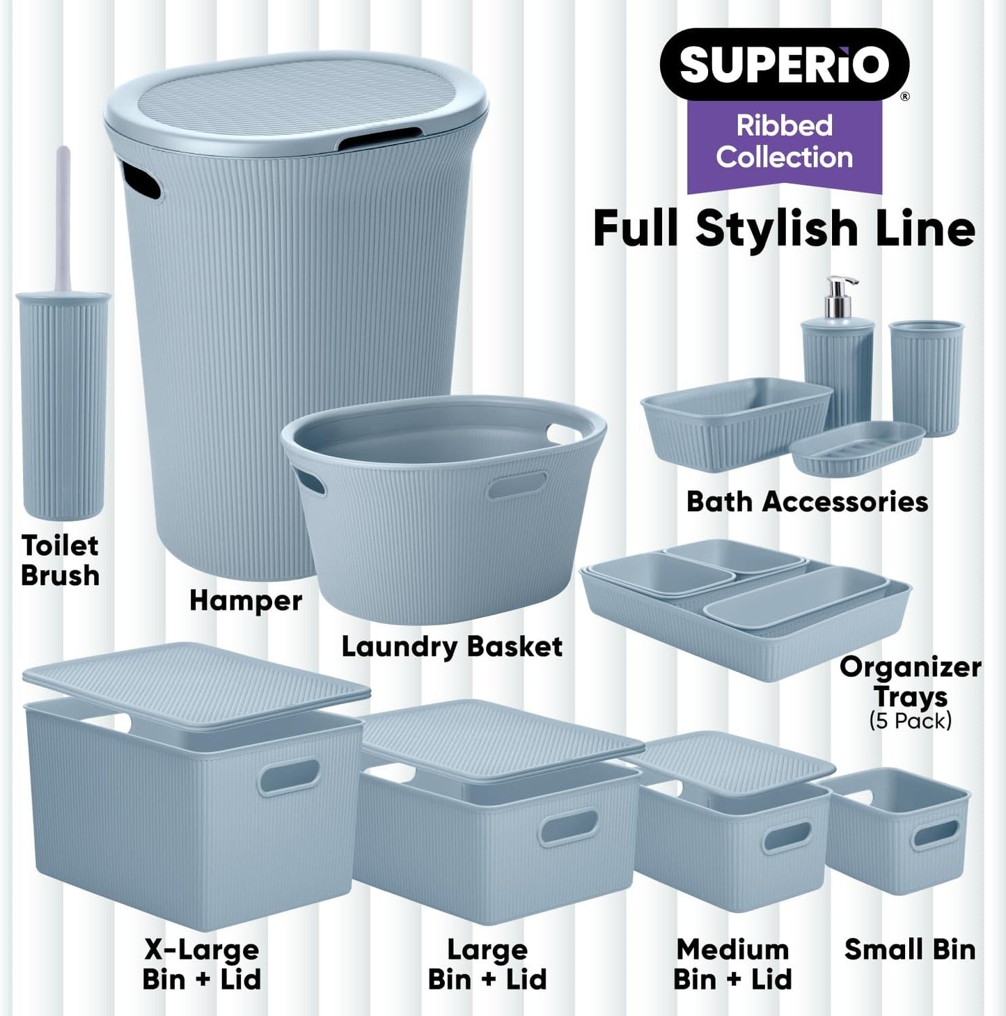Superio Ribbed Collection - Decorative Plastic Open Storage Bins, X-Large Blue (2 Pack) for Organizing